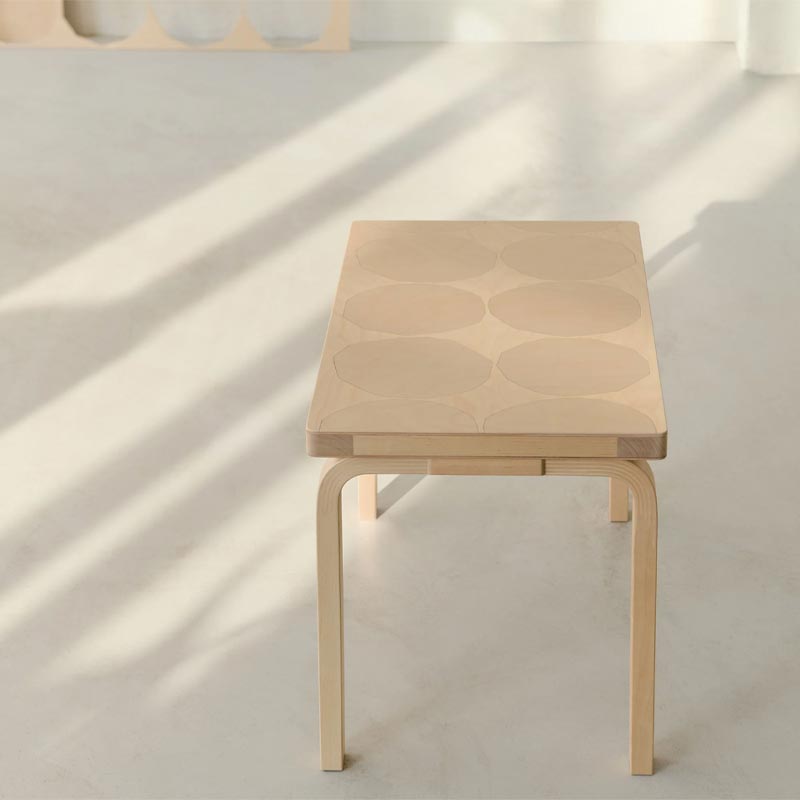 Bench 153B - Kivet - des. Alvar Aalto 1945, Pattern des. Maija Isola 1956, made by Artek + Marimekko