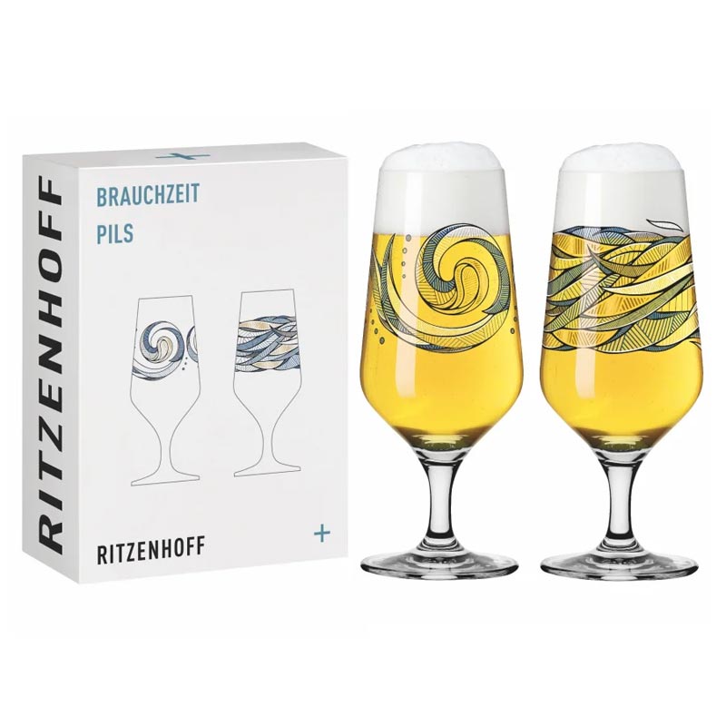Brauchzeit Pils Glass Set with Water Illustration des. Andreas Preis for Ritzenhoff