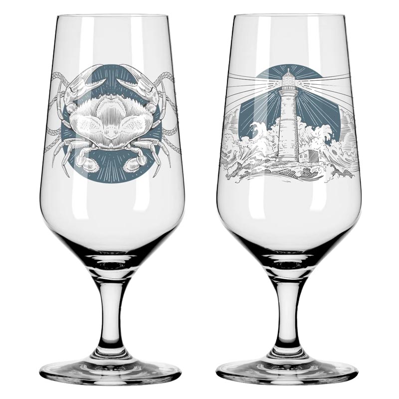 Brauchzeit Beer Glass Set #7, #8 with Lighthouse Illustration (3471004) - des. Philip Harris for Ritzenhoff