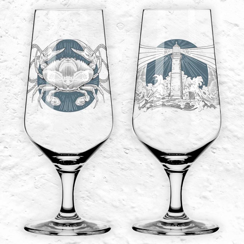Brauchzeit Beer Glass Set #7, #8 with Lighthouse Illustration (3471004) - des. Philip Harris for Ritzenhoff