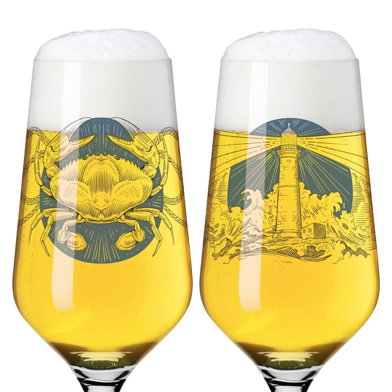 Brauchzeit Beer Glass Set #7, #8 with Lighthouse Illustration (3471004) - des. Philip Harris for Ritzenhoff