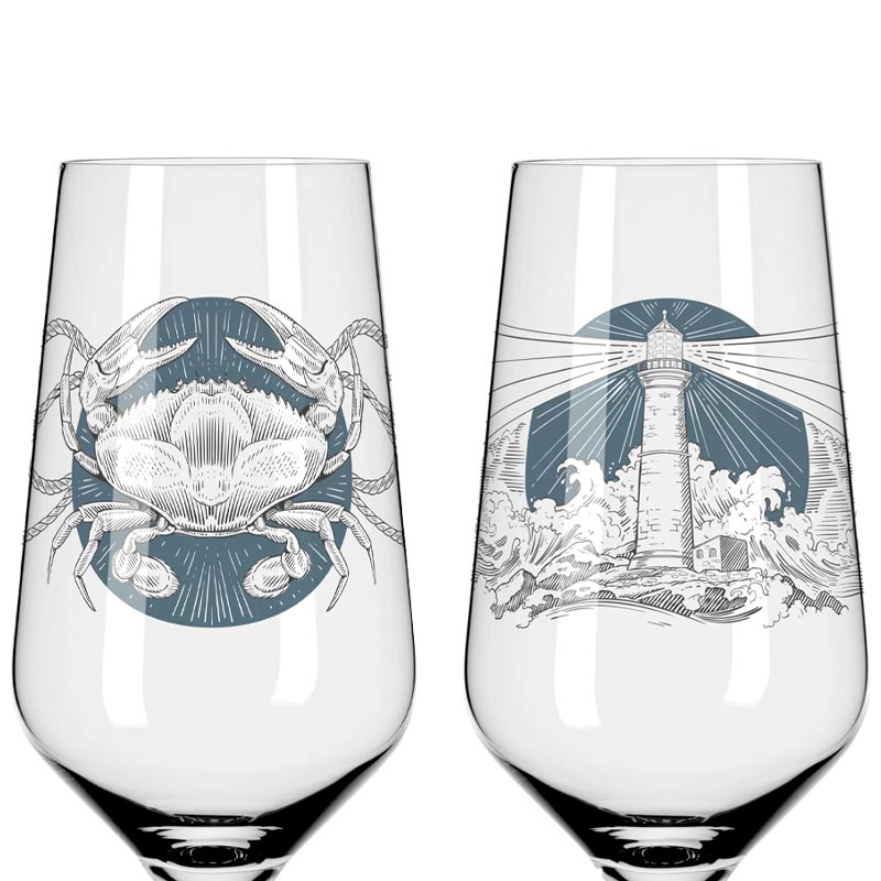 Brauchzeit Beer Glass Set #7, #8 with Lighthouse Illustration (3471004) - des. Philip Harris for Ritzenhoff