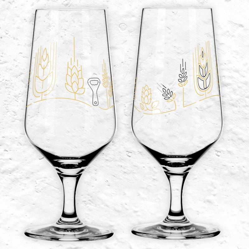 Brauchzeit Pils Glass Set Featuring Hops, Malt and Bottle Opener Illustration des. Sonja Eikler for Ritzenhoff