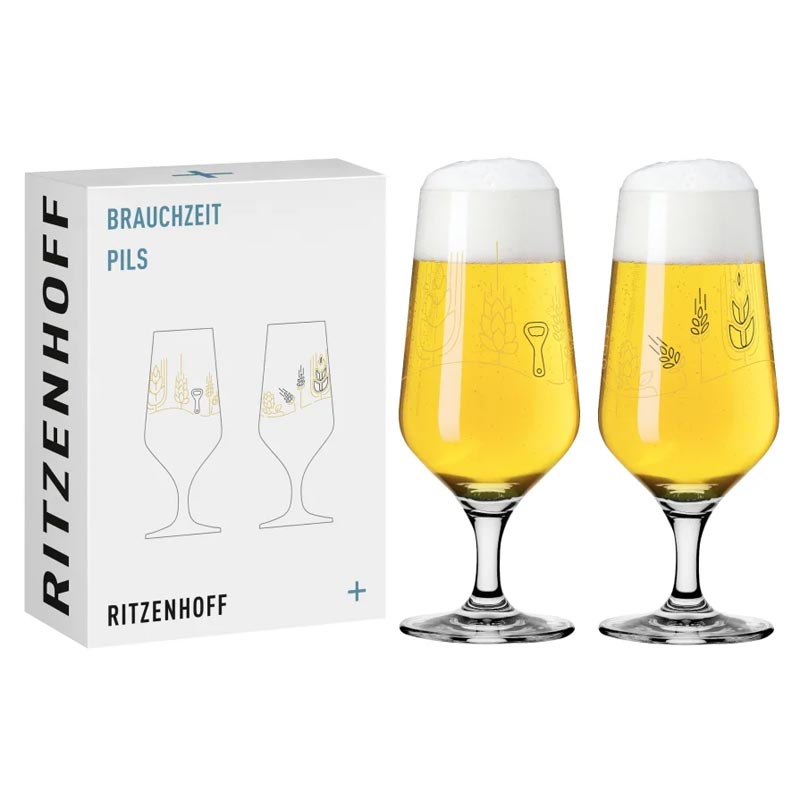 Brauchzeit Pils Glass Set Featuring Hops, Malt and Bottle Opener Illustration des. Sonja Eikler for Ritzenhoff