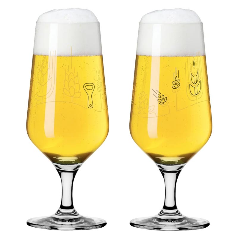 Brauchzeit Pils Glass Set Featuring Hops, Malt and Bottle Opener Illustration des. Sonja Eikler for Ritzenhoff