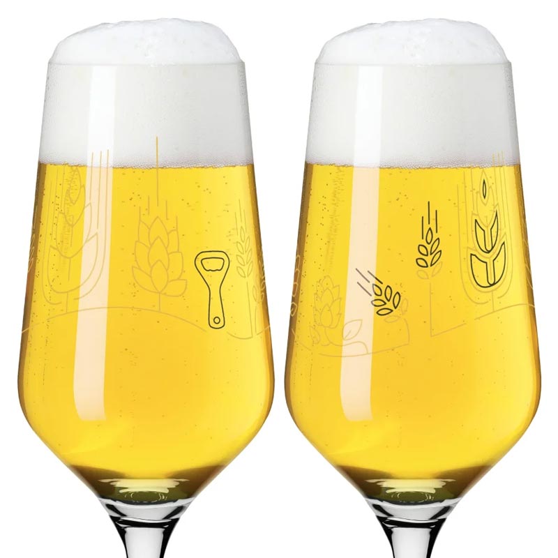Brauchzeit Pils Glass Set Featuring Hops, Malt and Bottle Opener Illustration des. Sonja Eikler for Ritzenhoff