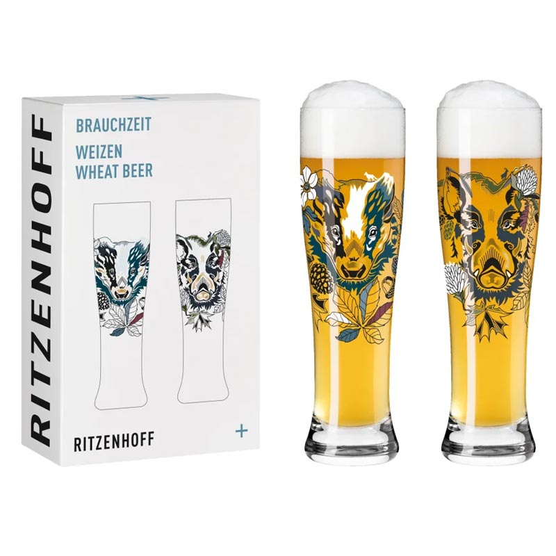 Brauchzeit 'Weizen' (Wheat Beer) Glass Set featuring Wild Boar and Badger Illustration, des. Petra Mohr for Ritzenhoff