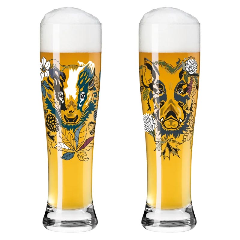 Brauchzeit 'Weizen' (Wheat Beer) Glass Set featuring Wild Boar and Badger Illustration, des. Petra Mohr for Ritzenhoff