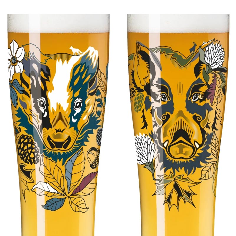 Brauchzeit 'Weizen' (Wheat Beer) Glass Set featuring Wild Boar and Badger Illustration, des. Petra Mohr for Ritzenhoff