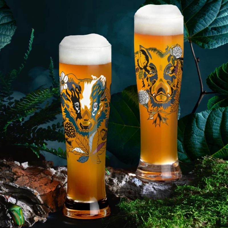 Brauchzeit 'Weizen' (Wheat Beer) Glass Set featuring Wild Boar and Badger Illustration, des. Petra Mohr for Ritzenhoff