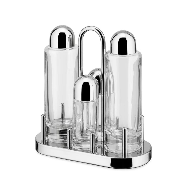 "5070" Condiment set: Oil, Vinegar, Salt & Pepper - des. Ettore Sottsass, Alessi