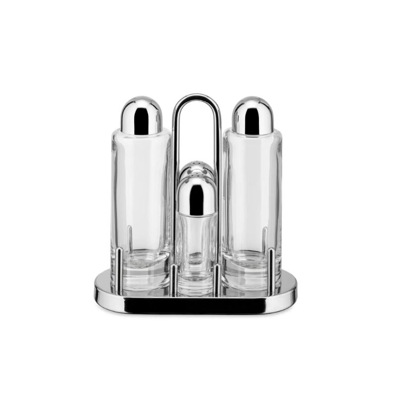 "5070" Condiment set: Oil, Vinegar, Salt & Pepper - des. Ettore Sottsass, Alessi