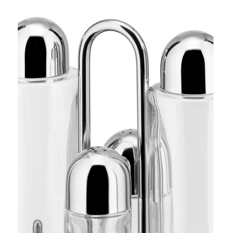 "5070" Condiment set: Oil, Vinegar, Salt & Pepper - des. Ettore Sottsass, Alessi