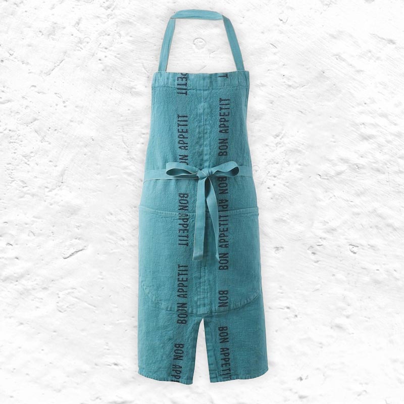 Bon Appetit 100% Linen Apron - Turquoise/Black - by Charvet Editions