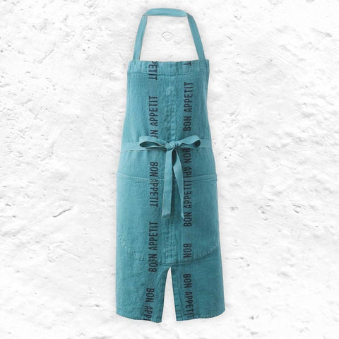 Bon Appetit 100% Linen Apron - Turquoise/Black - by Charvet Editions