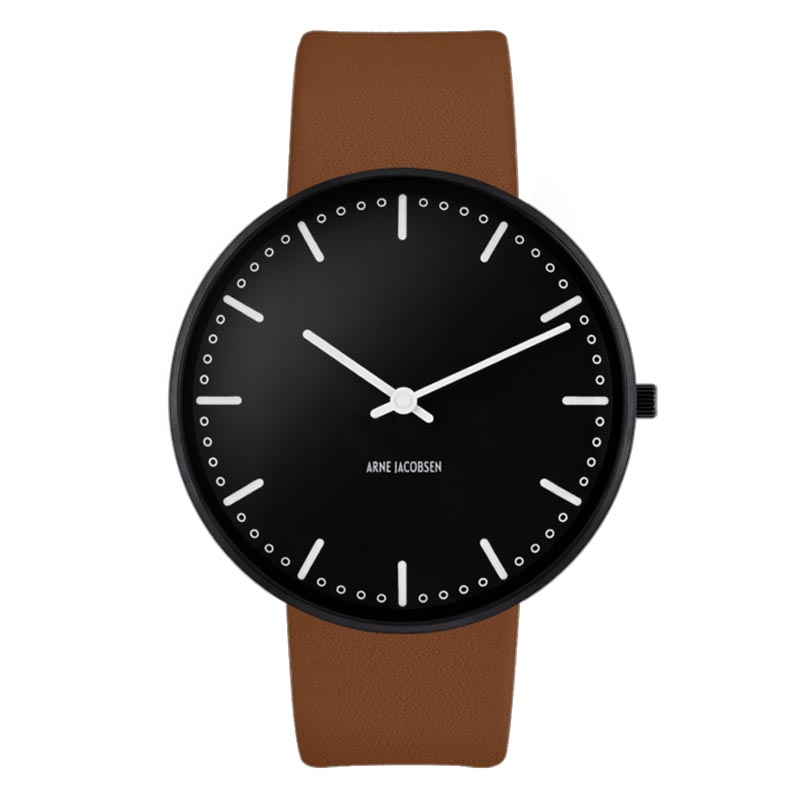 City Hall Watch, des. Arne Jacobsen - 40mm - Black with Brown Pampass Leather Strap