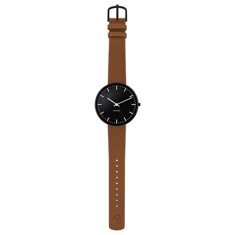City Hall Watch, des. Arne Jacobsen - 40mm - Black with Brown Pampass Leather Strap