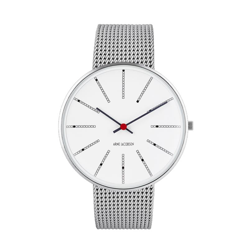 Bankers watch des. Arne Jacobsen - 40mm diameter, white dial, matt steel mesh band