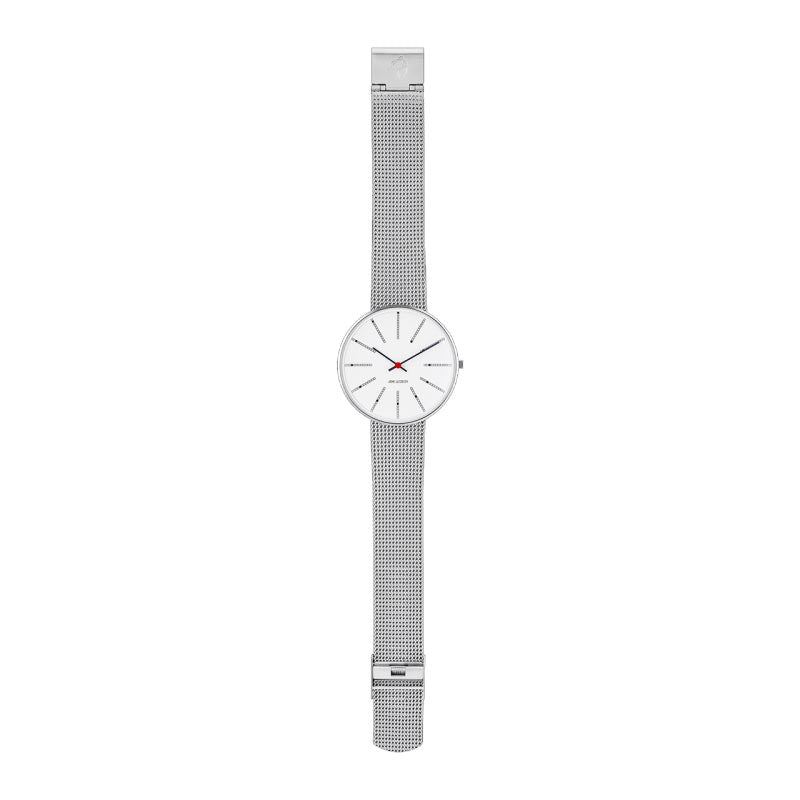Bankers watch des. Arne Jacobsen - 40mm diameter, white dial, matt steel mesh band