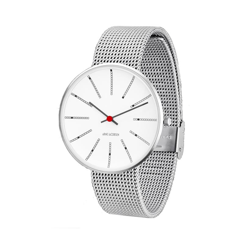 Bankers watch des. Arne Jacobsen - 40mm diameter, white dial, matt steel mesh band