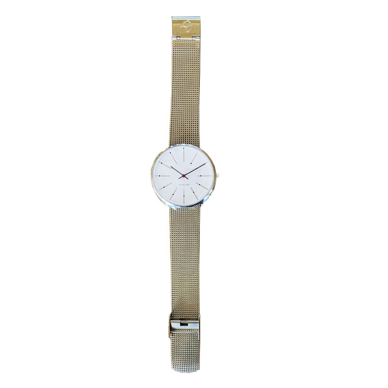 Bankers Watch des. Arne Jacobsen - 40mm diameter, white dial, gold mesh strap
