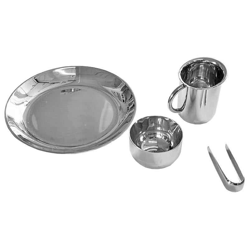 90042 Bauhaus Tea and Coffee Set (consisting of tray, creamer, sugar bowl, tongs), des. Marianne Brandt, part of Alessi's Bauhaus Archiv Series