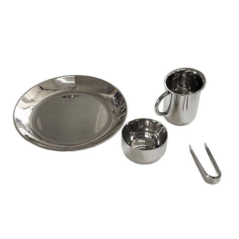 90042 Bauhaus Tea and Coffee Set (consisting of tray, creamer, sugar bowl, tongs), des. Marianne Brandt, part of Alessi's Bauhaus Archiv Series