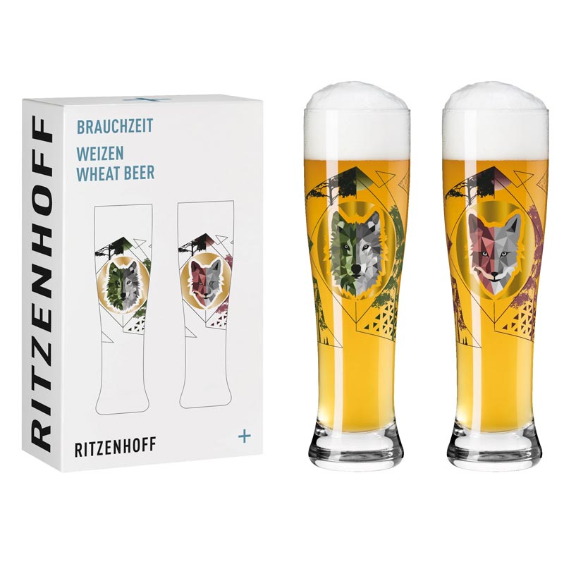 Brauchzeit 'Weizen' (Wheat Beer) Glass Set featuring Fox and Wolf Illustration, des. Sonja Eikler for Ritzenhoff