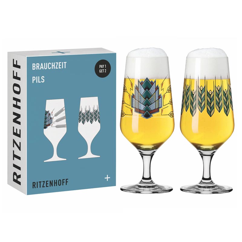Brauchzeit Pils Glass Set with Hops and Barley Illustration, des. Andreas Preis for Ritzenhoff