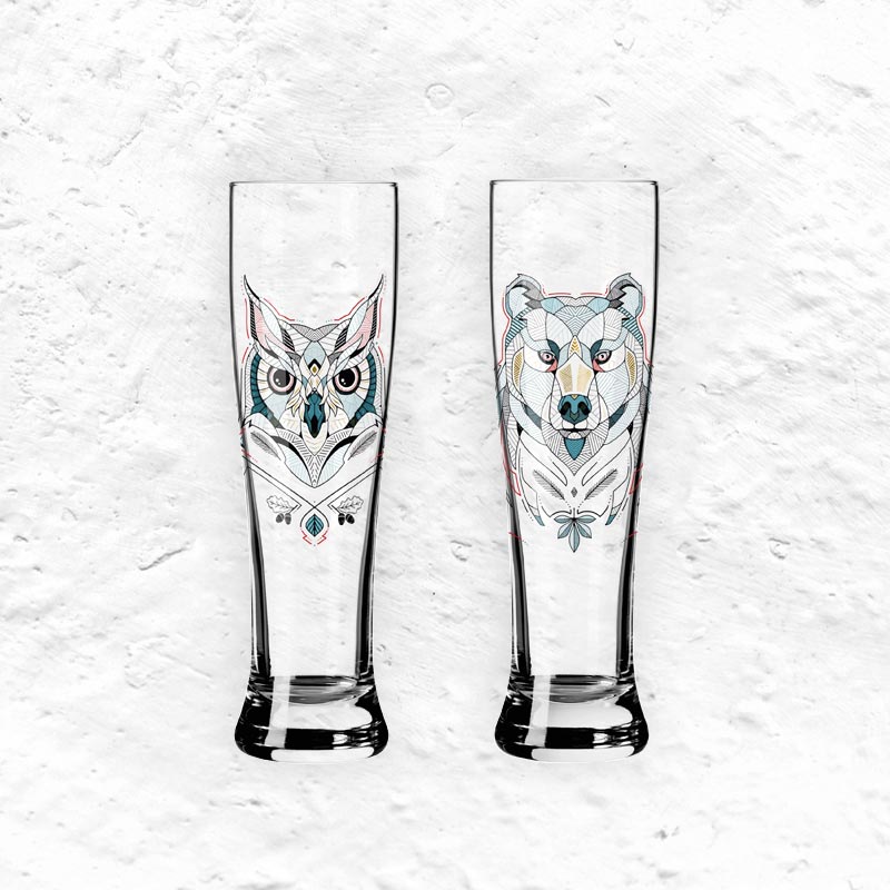 Brauchzeit 'Weizen' (Wheat Beer) Glass Set featuring Bear and Owl Illustration, des. Andreas Preis for Ritzenhoff