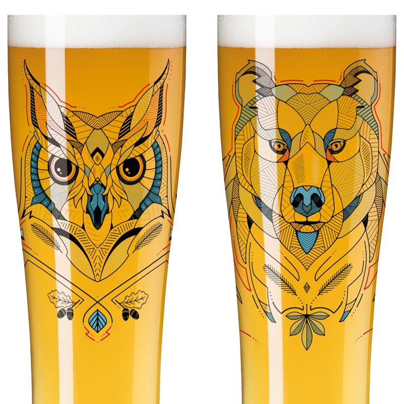 Brauchzeit 'Weizen' (Wheat Beer) Glass Set featuring Bear and Owl Illustration, des. Andreas Preis for Ritzenhoff