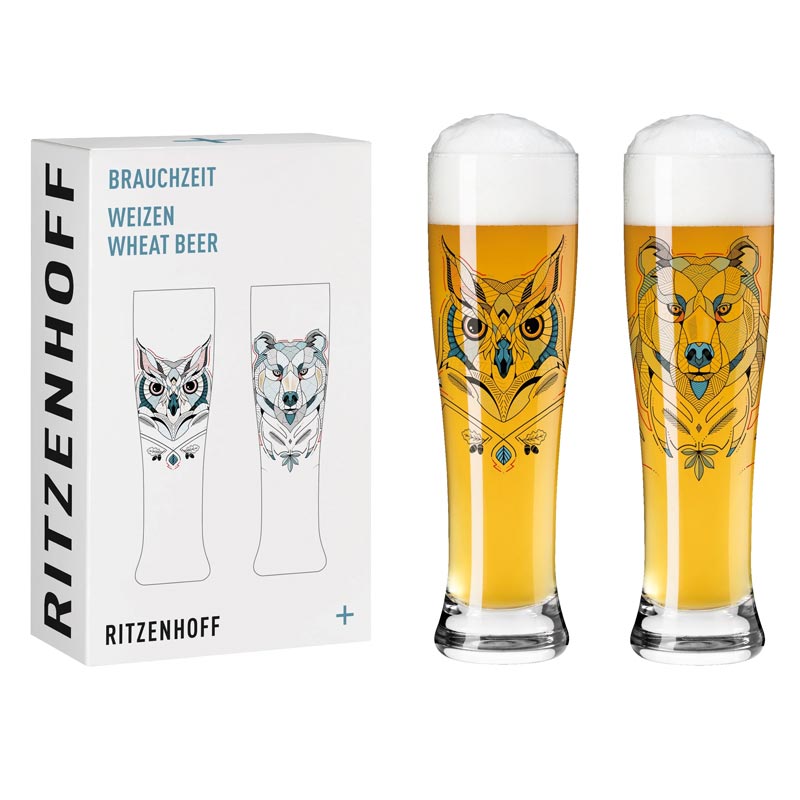 Brauchzeit 'Weizen' (Wheat Beer) Glass Set featuring Bear and Owl Illustration, des. Andreas Preis for Ritzenhoff