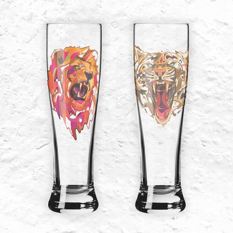 Brauchzeit Weizen set featuring Lion and Tiger illustrations - des. Justin Maller for Ritzenhoff