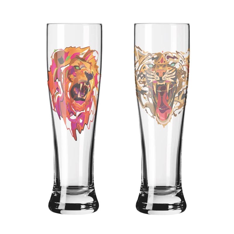 Brauchzeit Weizen set featuring Lion and Tiger illustrations - des. Justin Maller for Ritzenhoff