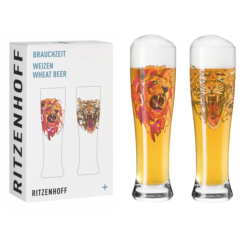 Brauchzeit Weizen set featuring Lion and Tiger illustrations - des. Justin Maller for Ritzenhoff