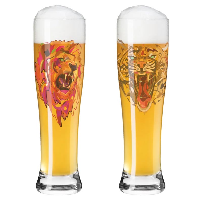 Brauchzeit Weizen set featuring Lion and Tiger illustrations - des. Justin Maller for Ritzenhoff