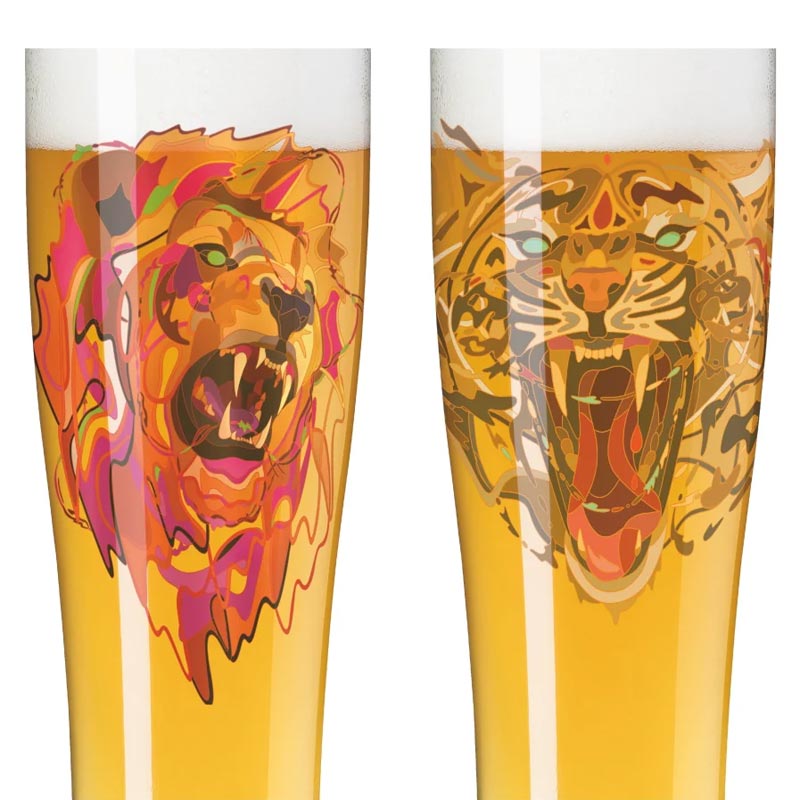 Brauchzeit Weizen set featuring Lion and Tiger illustrations - des. Justin Maller for Ritzenhoff