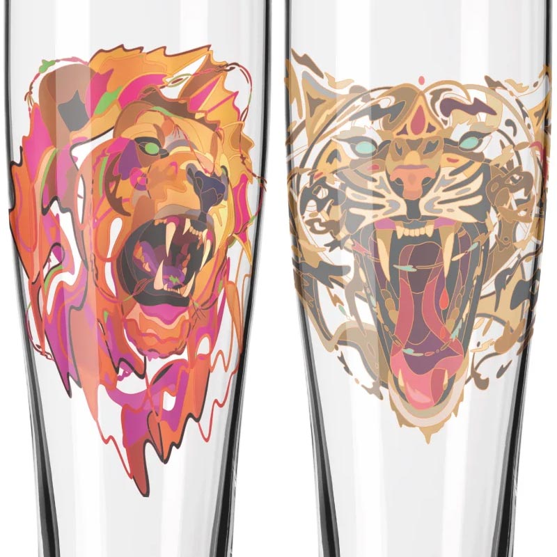 Brauchzeit Weizen set featuring Lion and Tiger illustrations - des. Justin Maller for Ritzenhoff