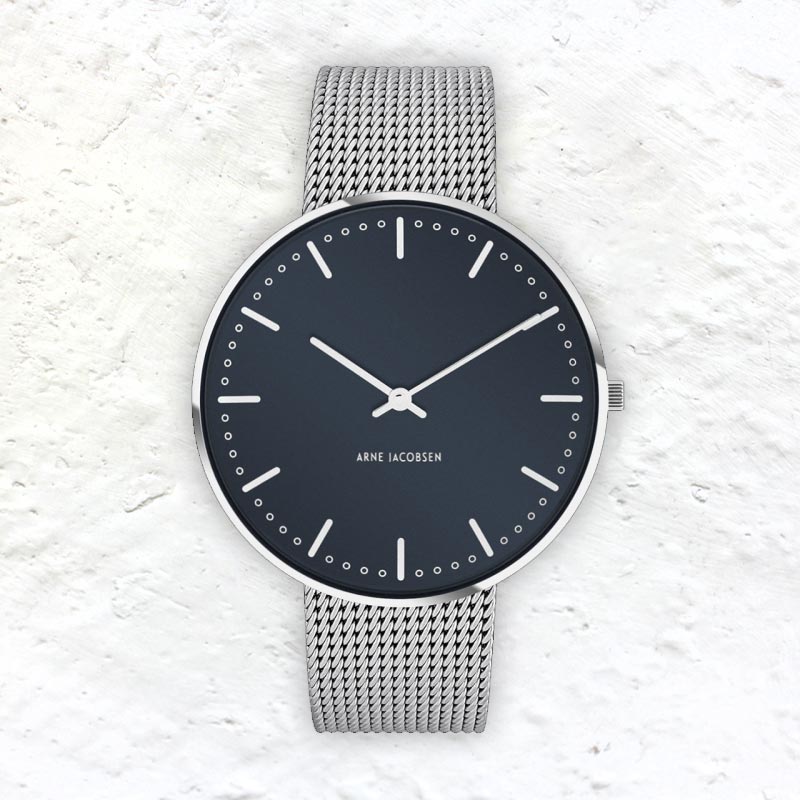 City Hall watch des. Arne Jacobsen - 40mm diameter, Oxford blue dial, matt steel mesh strap