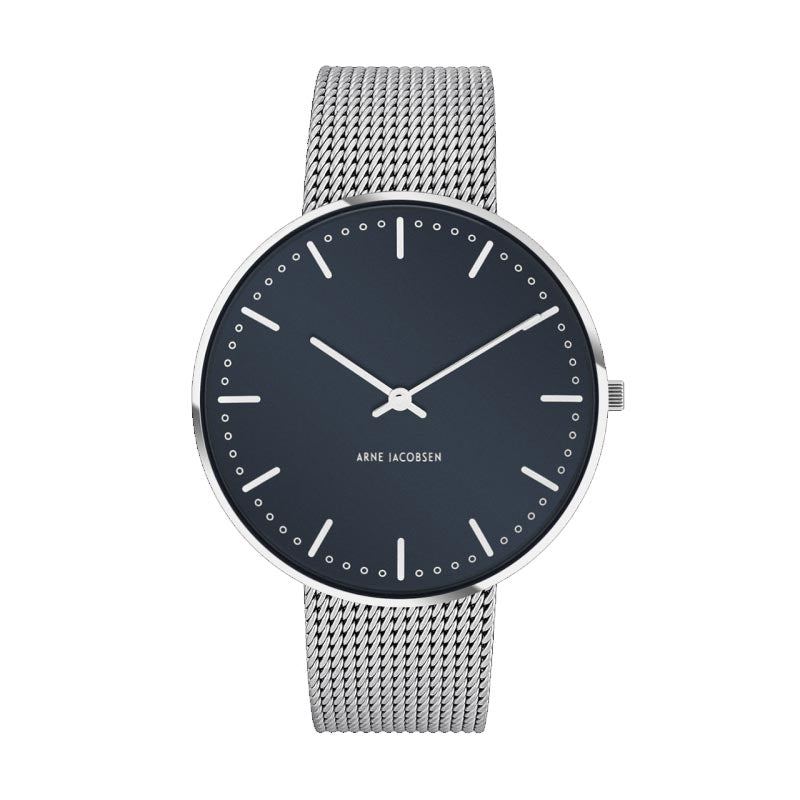 City Hall watch des. Arne Jacobsen - 40mm diameter, Oxford blue dial, matt steel mesh strap