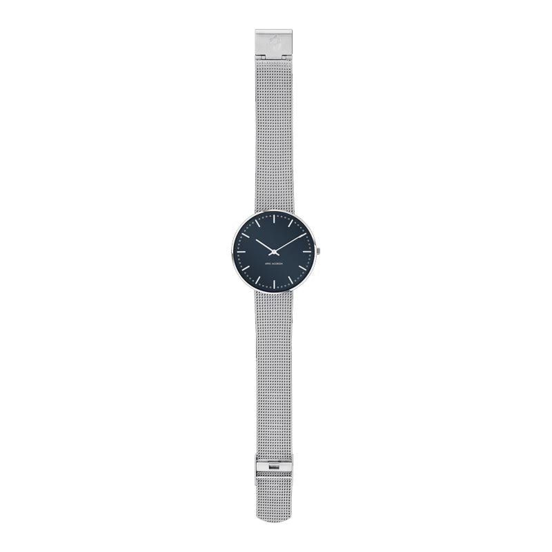 City Hall watch des. Arne Jacobsen - 40mm diameter, Oxford blue dial, matt steel mesh strap