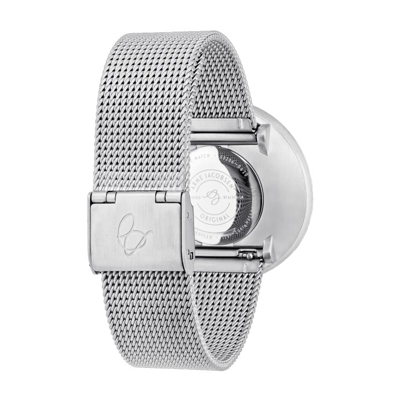 City Hall watch des. Arne Jacobsen - 40mm diameter, Oxford blue dial, matt steel mesh strap