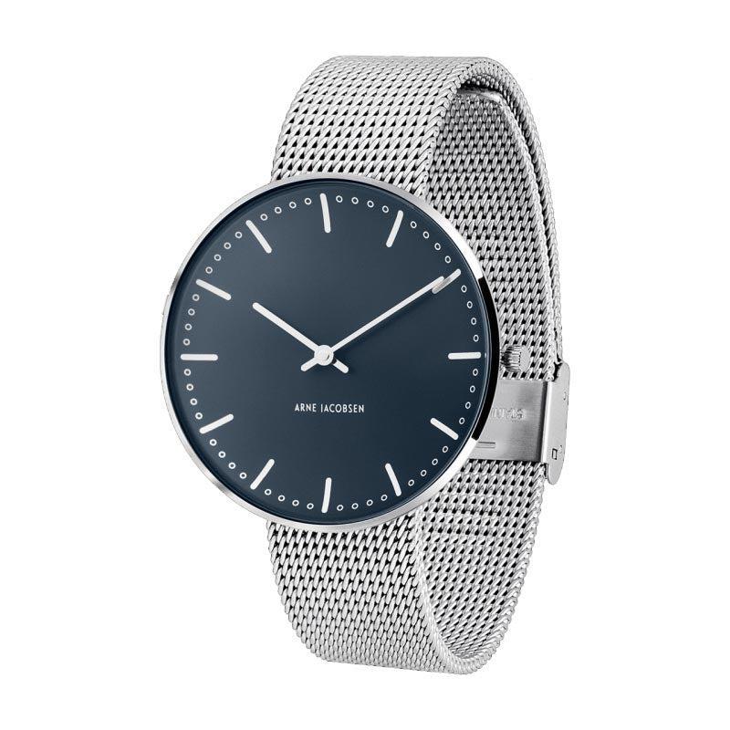 City Hall watch des. Arne Jacobsen - 40mm diameter, Oxford blue dial, matt steel mesh strap