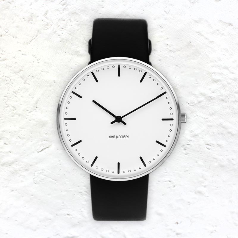 City Hall watch des. Arne Jacobsen - 40mm diameter, white dial, black strap