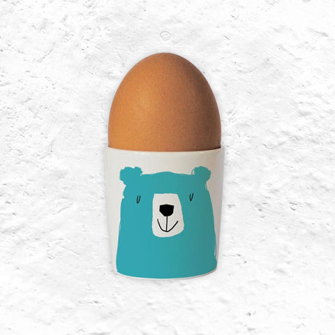 Happiness Egg Cup with Turquoise Bear illustration - Bone China made in Stoke-on-Trent by Repeat Repeat