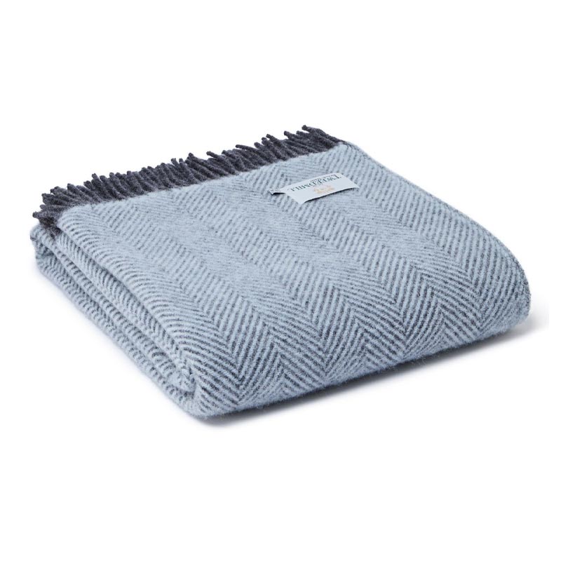 Pure New Wool Throw - Herringbone Powder Blue & Charcoal - by Tweedmill