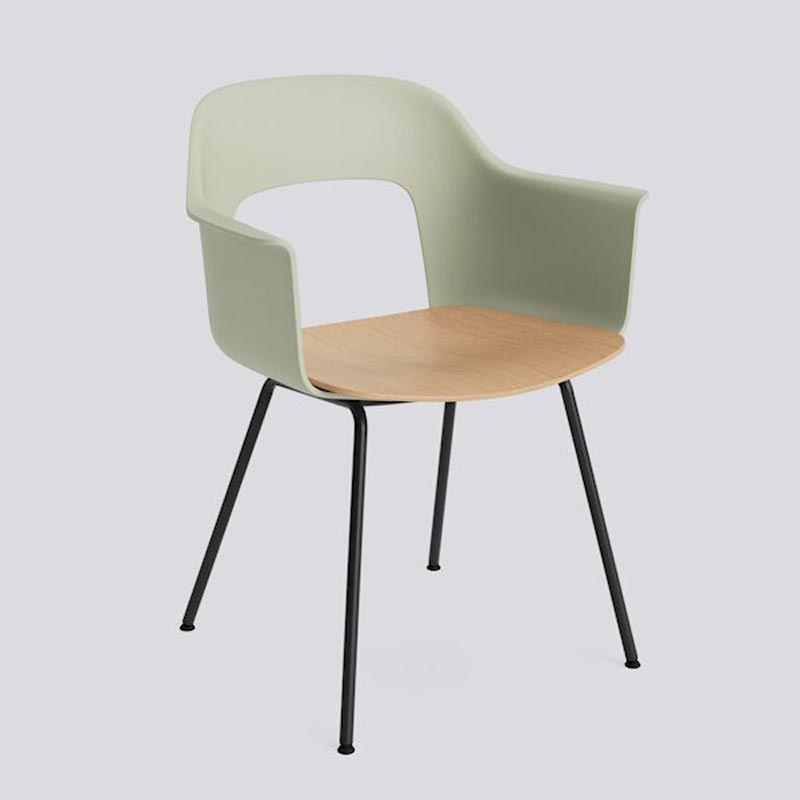 Layout 212 - dining armchair - pastel green shell - lacquered oak seat - black 4 leg base, - des. Julien Renault (made by HAY)