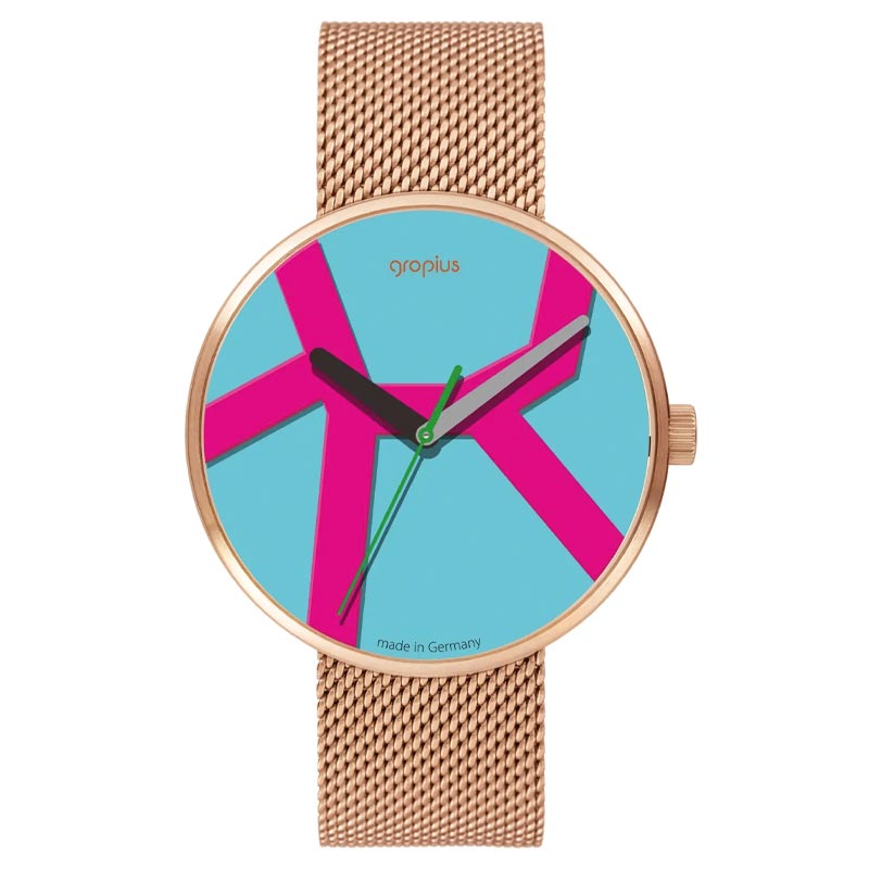 Move Watch - Rose Gold Mesh Band - Blue Pink Dial - by Walter Gropius Watches