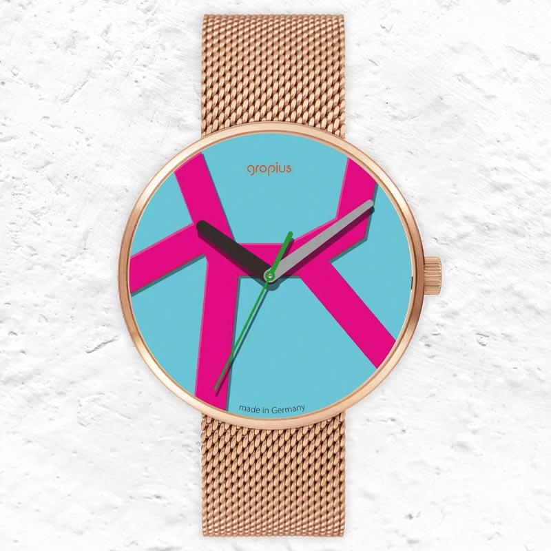 Move Watch - Rose Gold Mesh Band - Blue Pink Dial - by Walter Gropius Watches