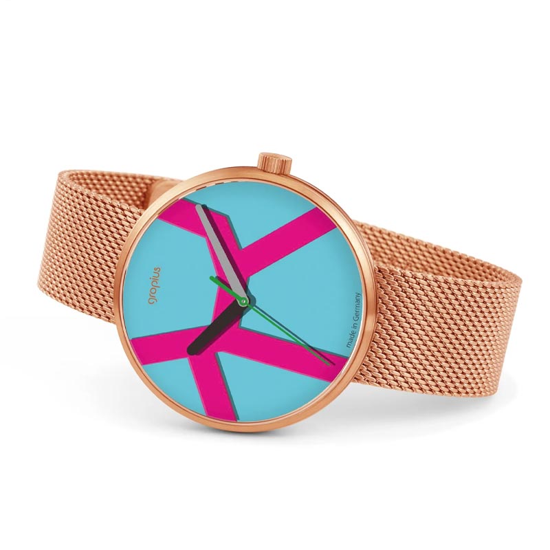 Move Watch - Rose Gold Mesh Band - Blue Pink Dial - by Walter Gropius Watches